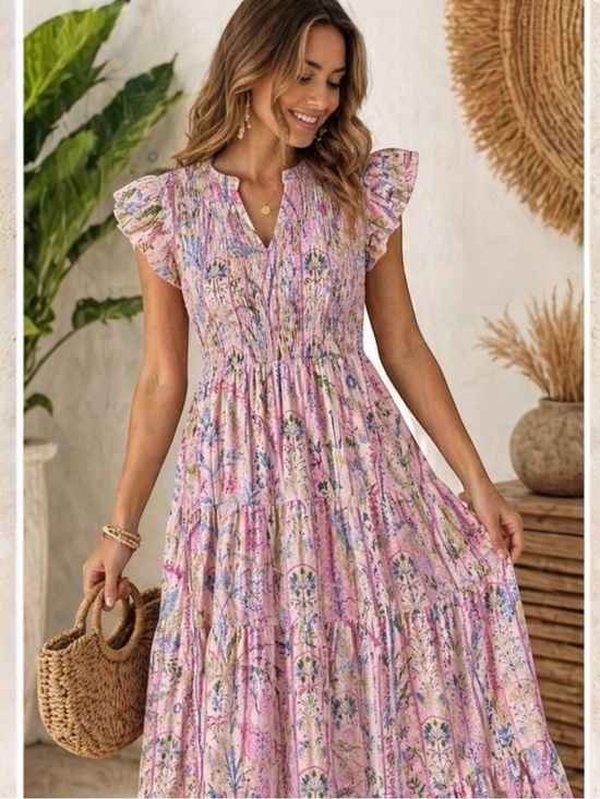 crown & ivy Dresses & Skirts - Cottagecore Pink Floral Smocked Midi Dress Boho Tiered Ruffle Spring Summer 12